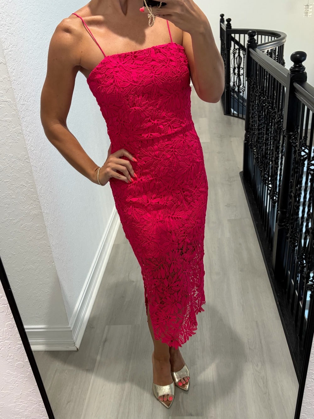 NSR Hot Pink Lace Spaghetti-Strap Midi Dress
